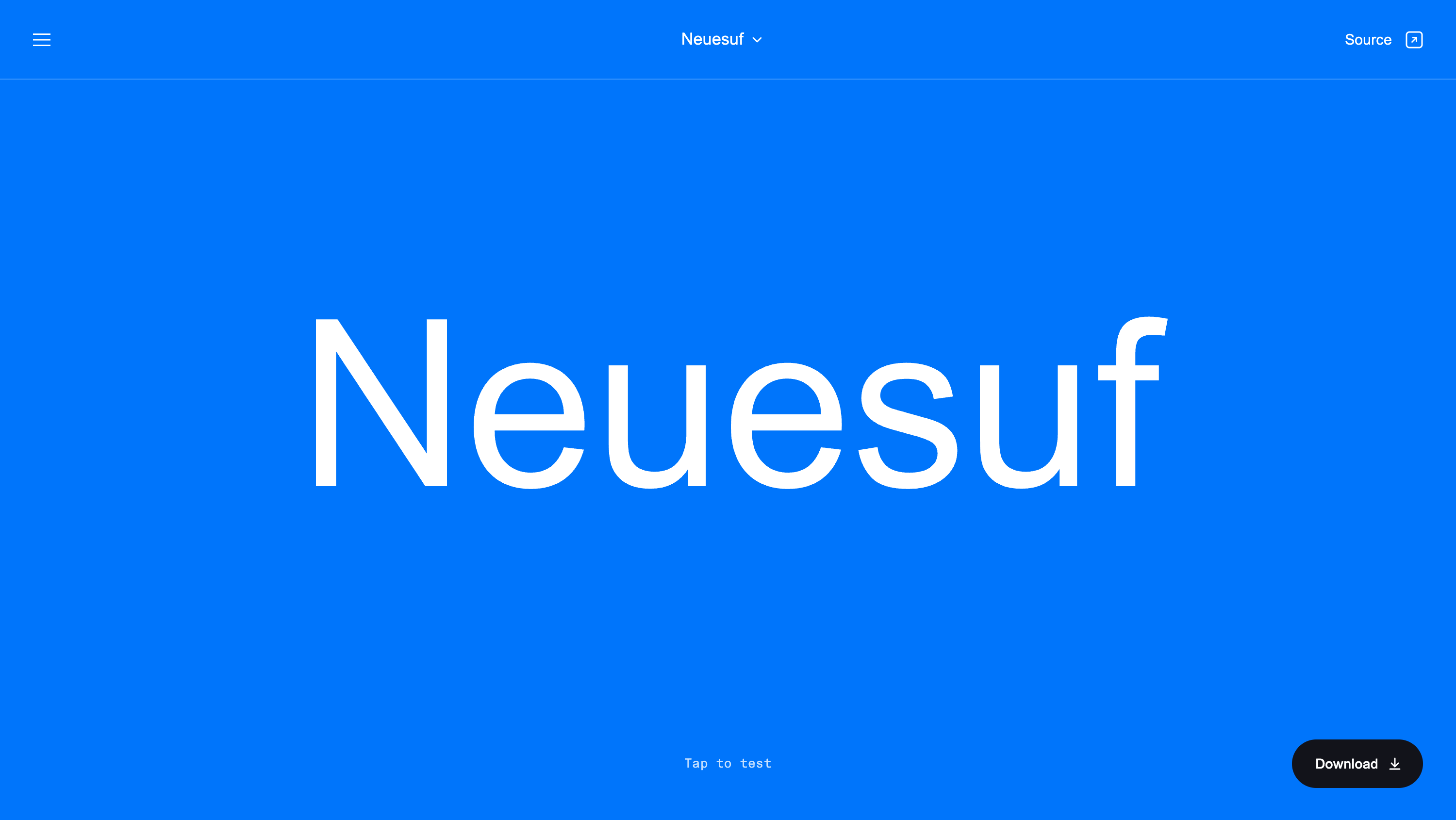 The name Neuesuf in large white letters on a blue page.