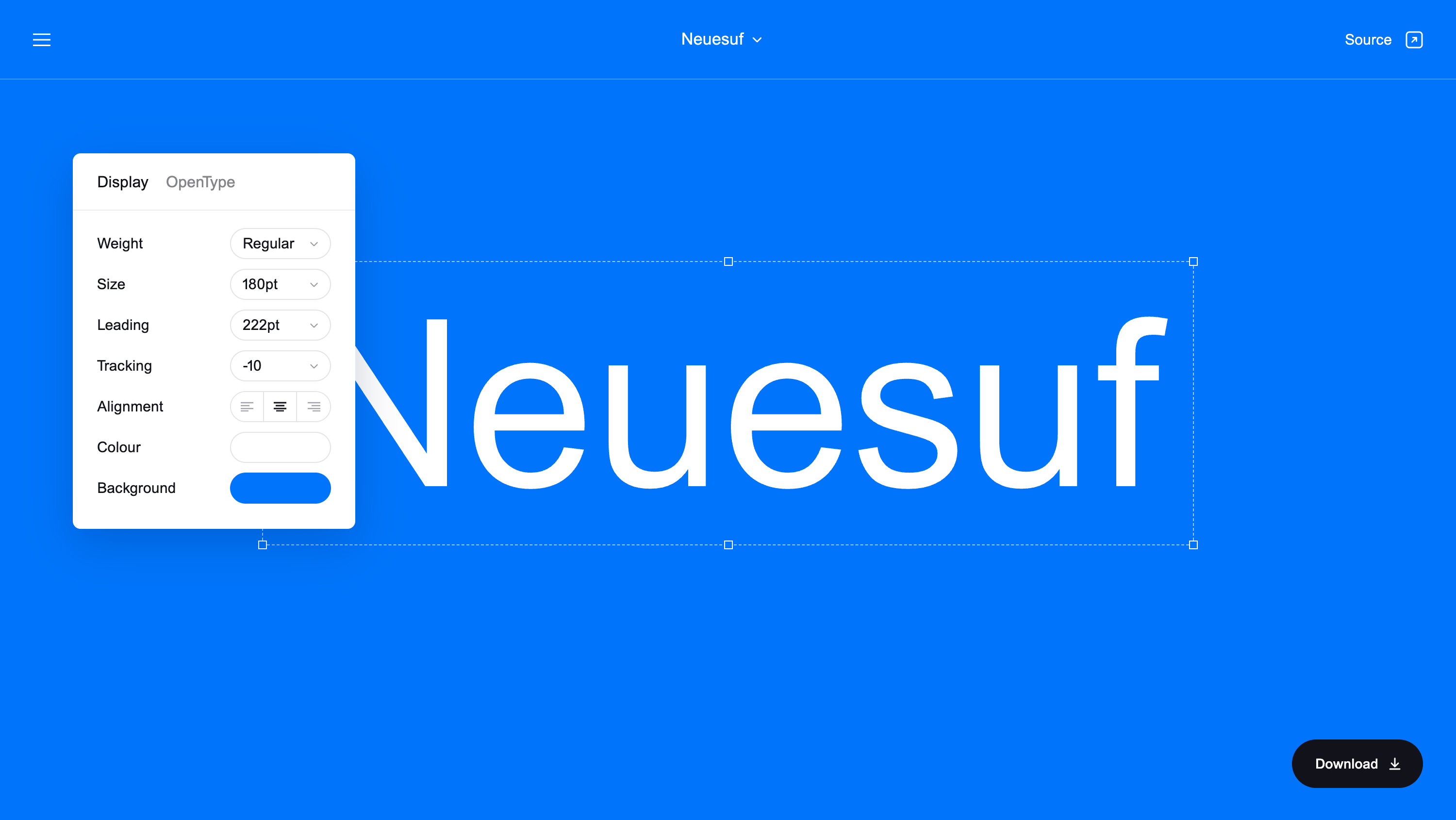 The name Neuesuf in large white letters on a blue page, with a settings panel open for weight, size, tracking and alignment.