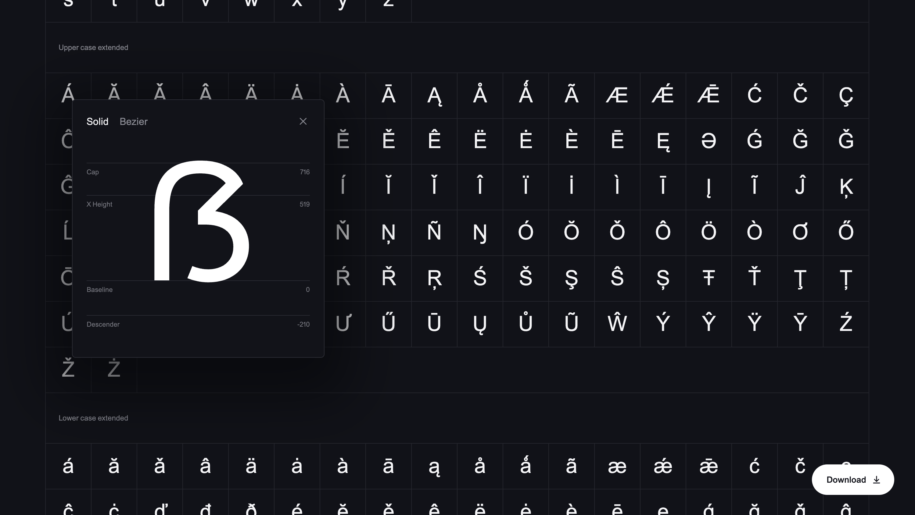 A dark grid of accented letters with a large ß in a panel over it.