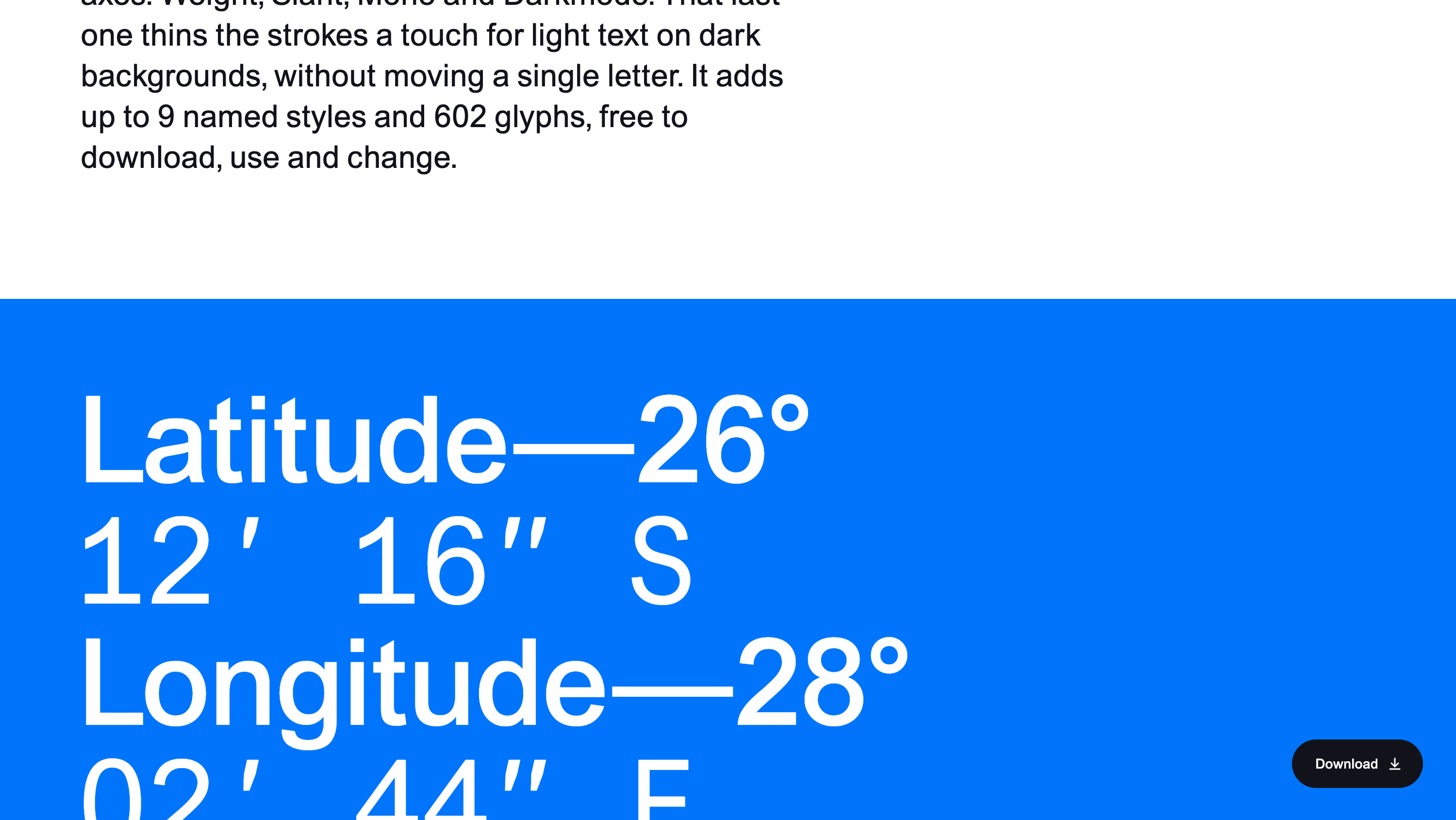 A line of text in a monospaced style on blue, under a paragraph about the typeface.