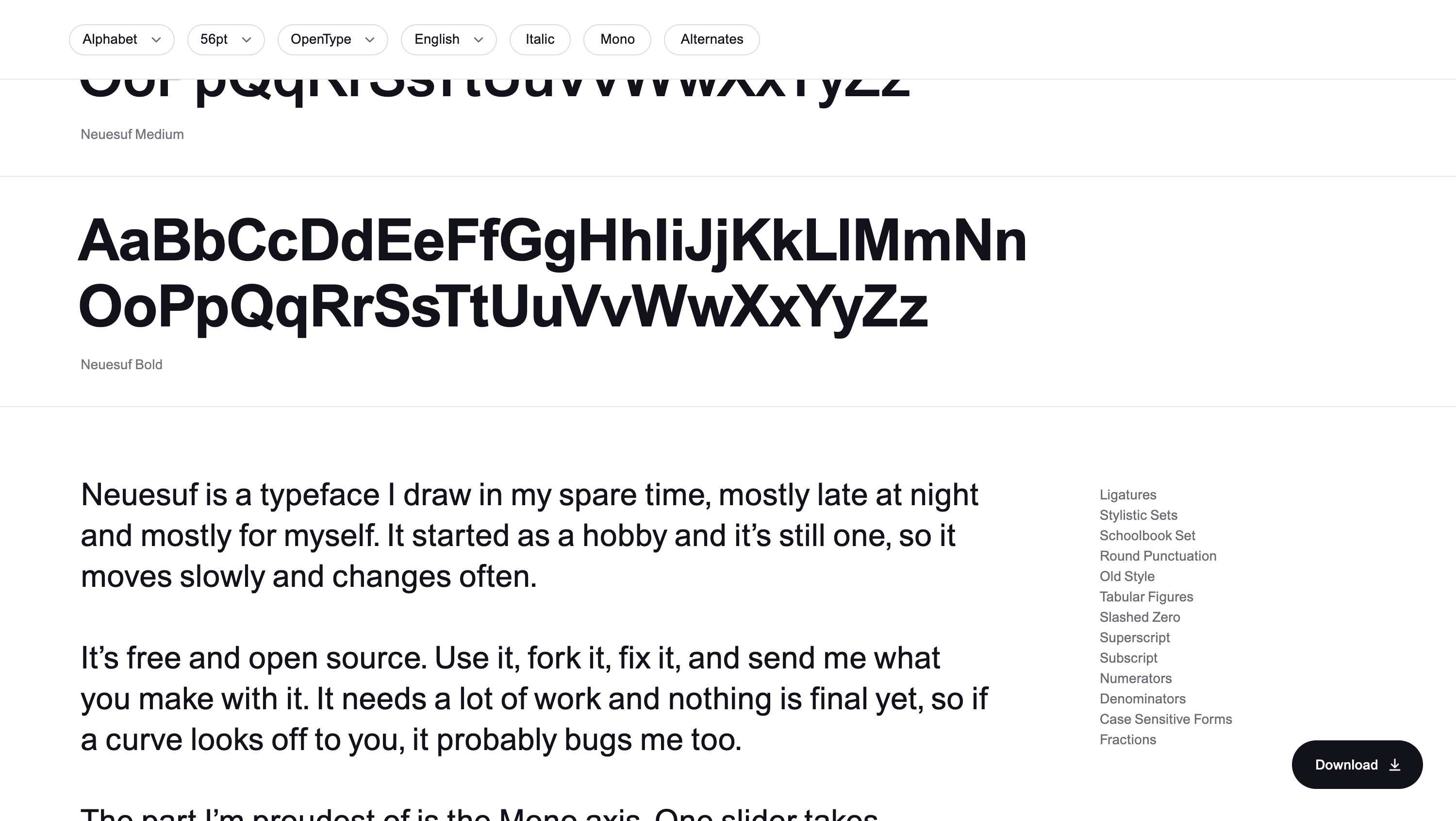 A light page with the alphabet in upper and lower case and a paragraph about the typeface.