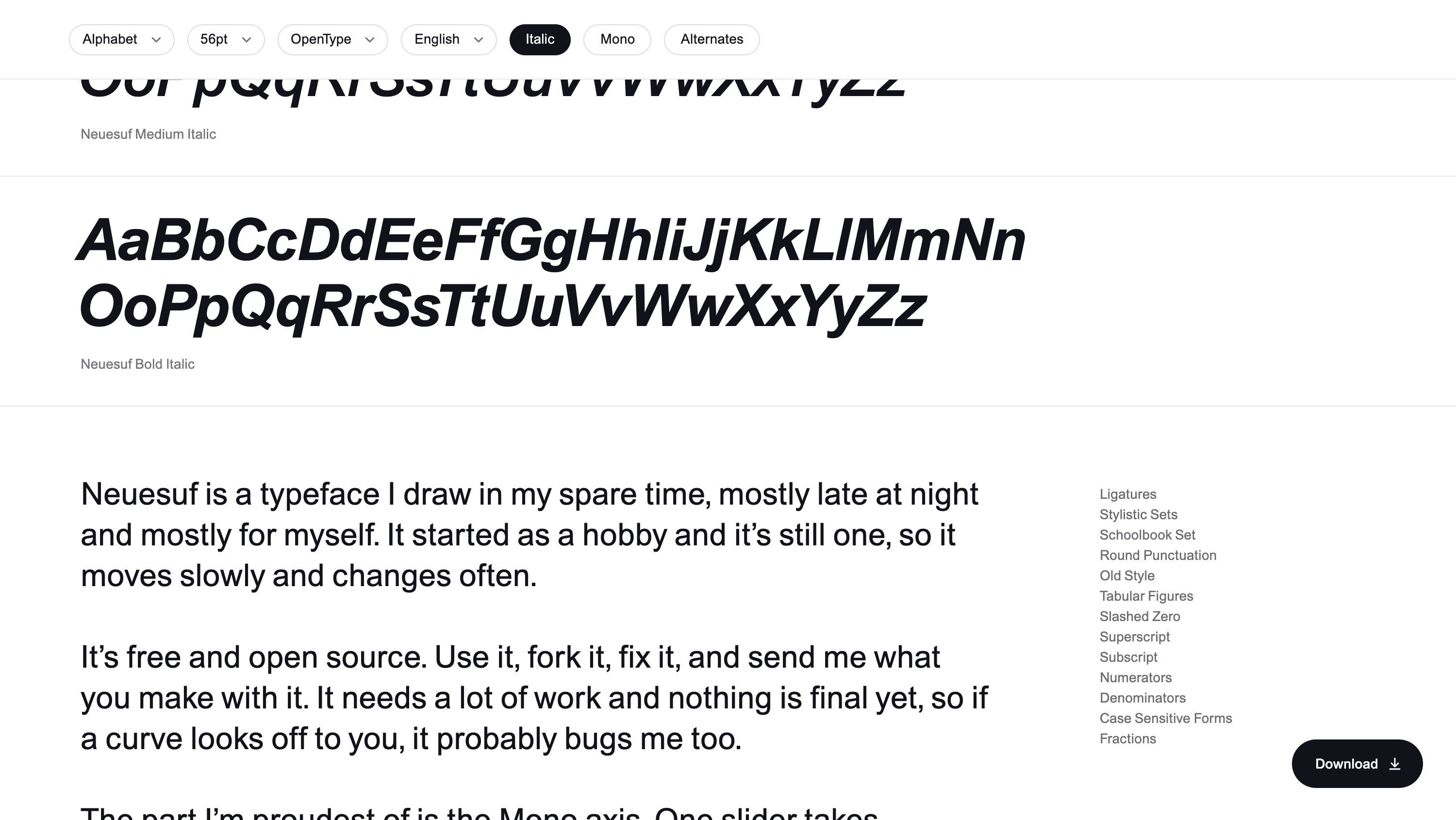 The alphabet in an italic style on a light page.